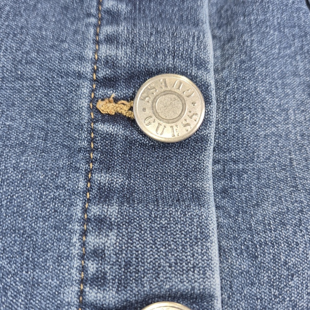 GUESS Denim Mini Skirt Large Blue Button Front Distressed Frayed Raw Hem Pockets - Picture 5 of 12